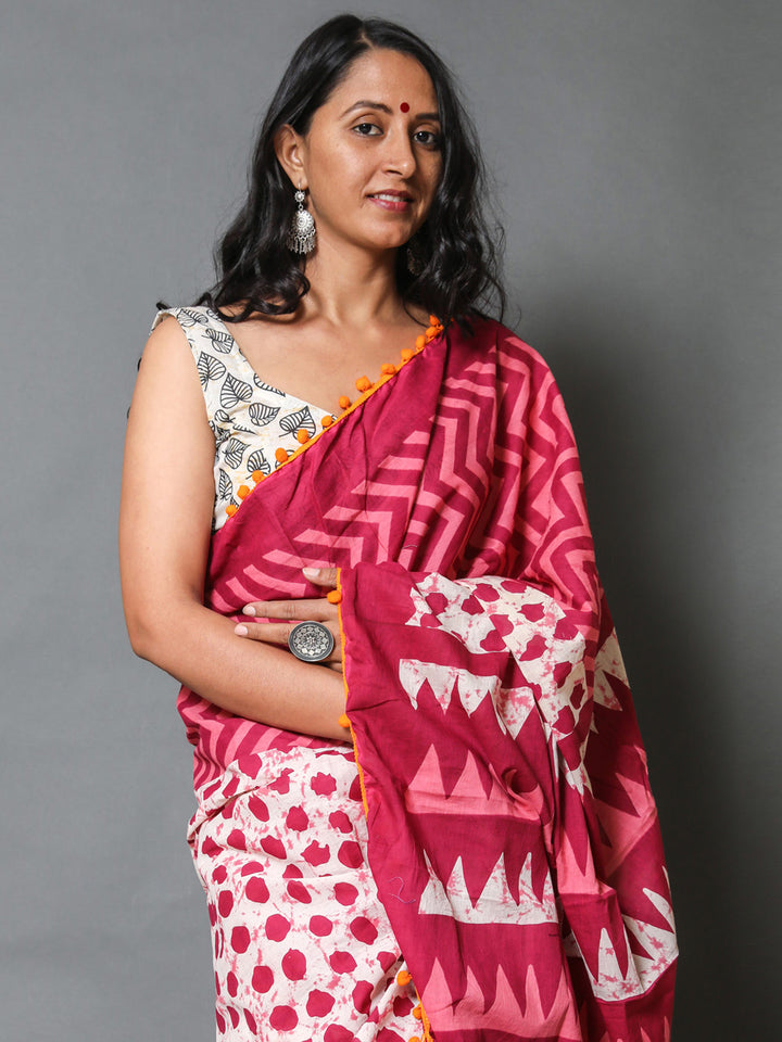 Buta Buti White & Pink Floral Pure Cotton Fusion Saree