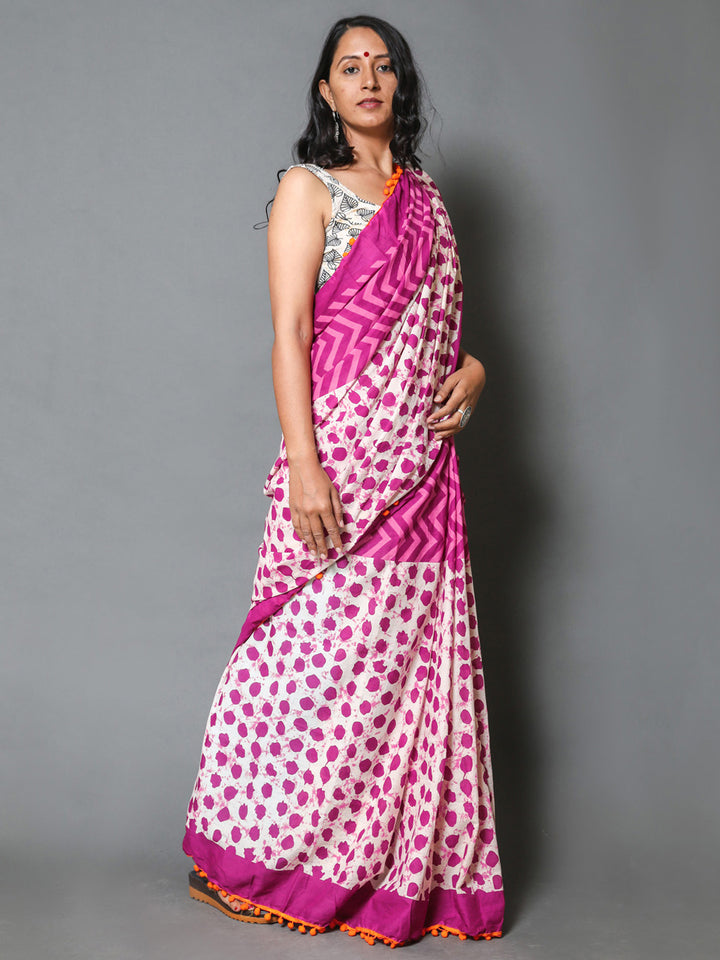 Buta Buti Pink Colour Geometric Printed Pure Cotton Saree