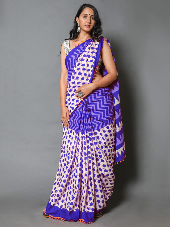 Buta Buti Blue Colour Geometric Printed Pure Cotton Saree