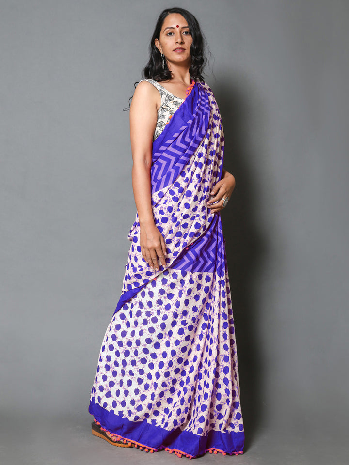 Buta Buti Blue Colour Geometric Printed Pure Cotton Saree