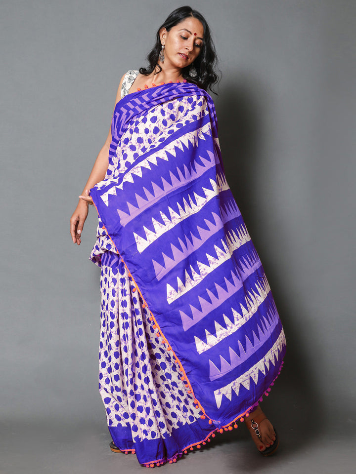 Buta Buti Blue Colour Geometric Printed Pure Cotton Saree