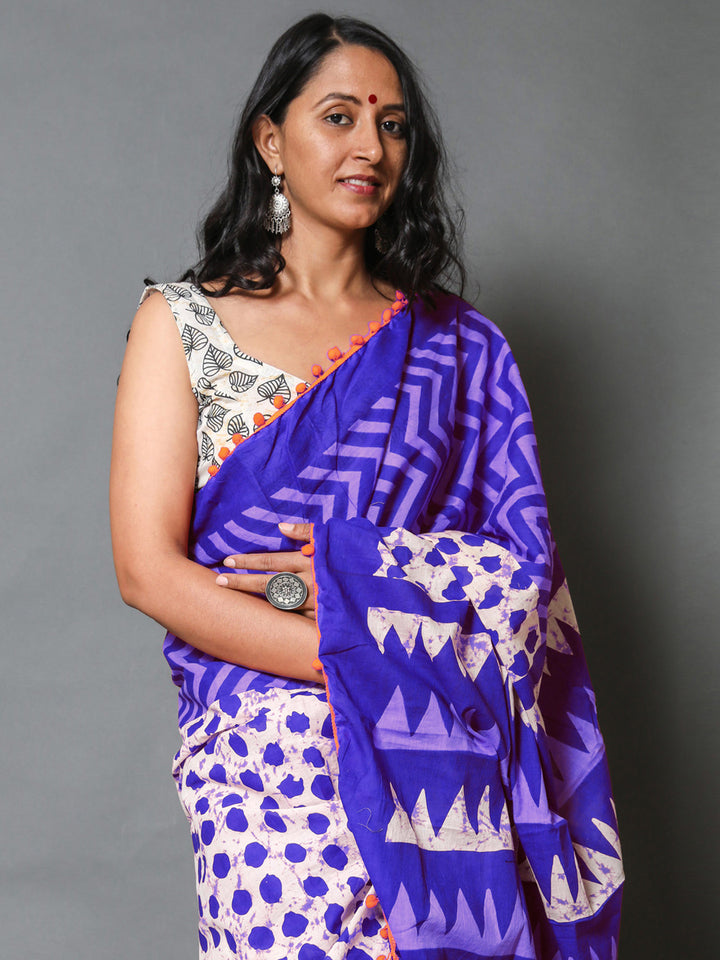 Buta Buti Blue Colour Geometric Printed Pure Cotton Saree