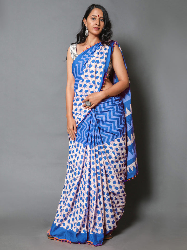 Buta Buti Blue Colour Geometric Printed Pure Cotton Saree