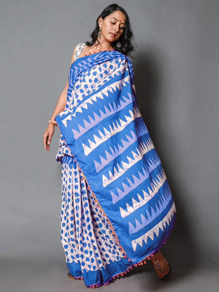 Buta Buti Blue Colour Geometric Printed Pure Cotton Saree