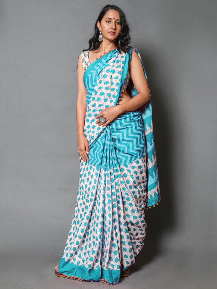 Buta Buti Blue Colour Geometric Printed Pure Cotton Saree