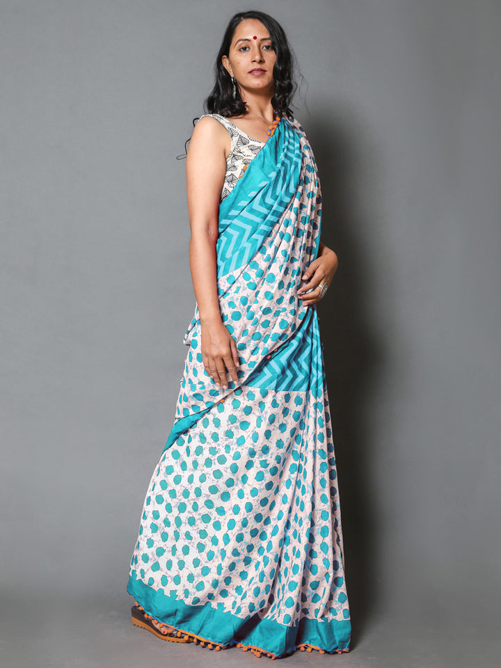 Buta Buti Blue Colour Geometric Printed Pure Cotton Saree