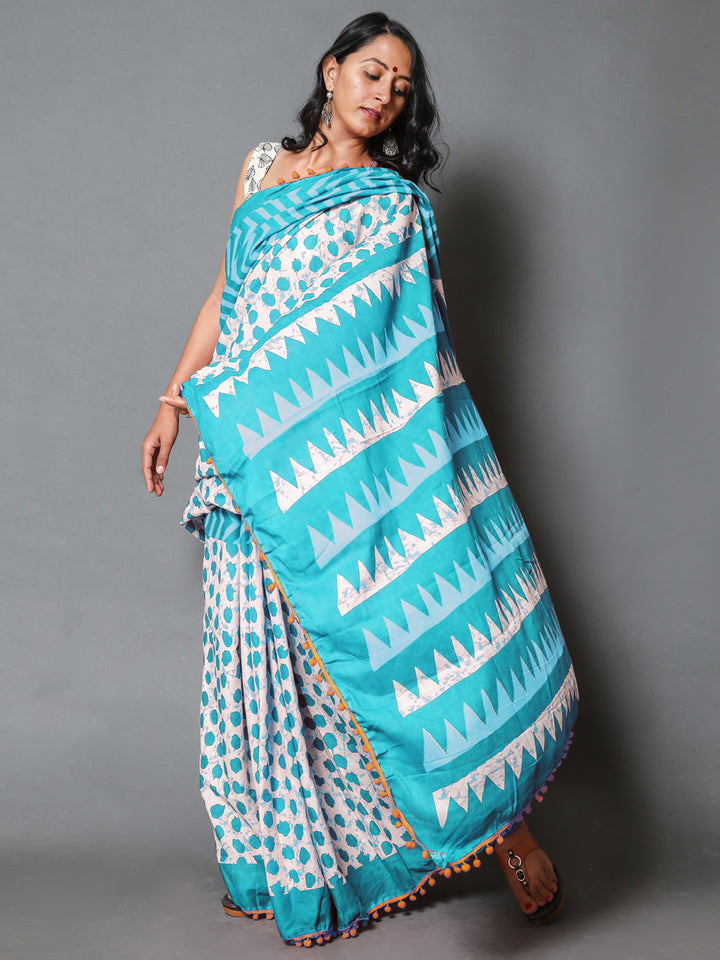 Buta Buti Blue Colour Geometric Printed Pure Cotton Saree