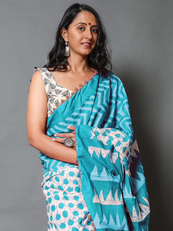 Buta Buti Blue Colour Geometric Printed Pure Cotton Saree