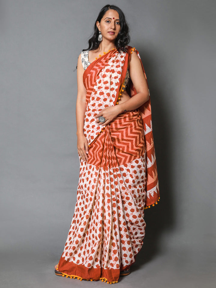 Buta Buti Orange Colour Geometric Printed Pure Cotton Saree