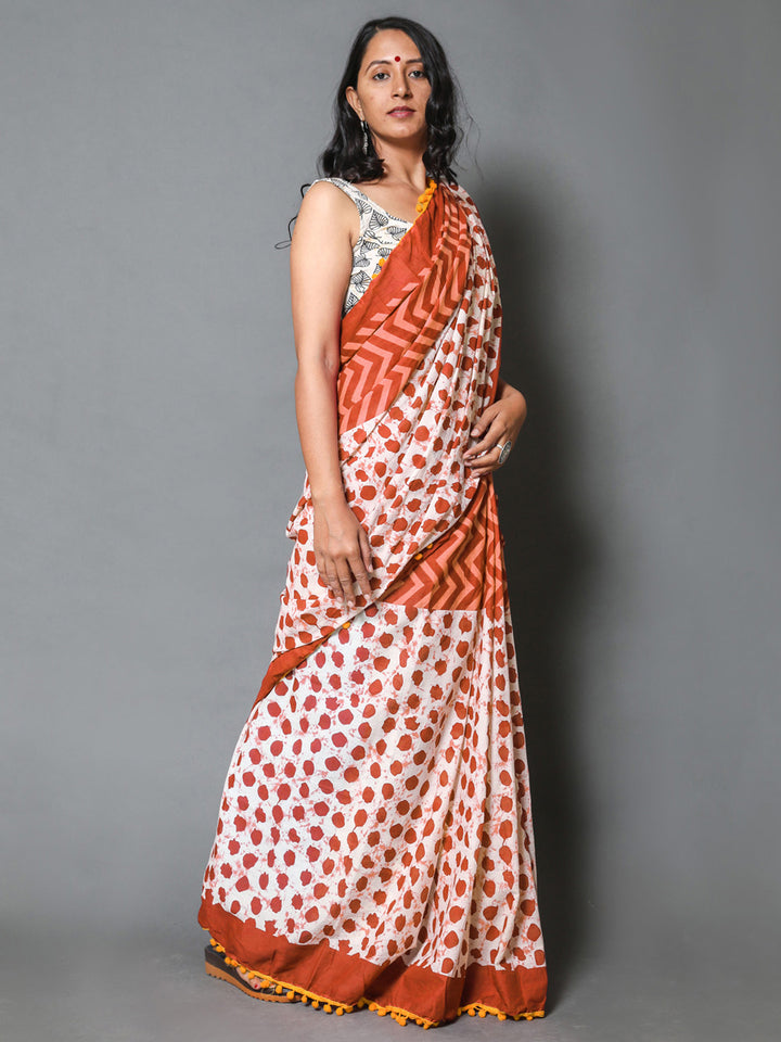 Buta Buti Orange Colour Geometric Printed Pure Cotton Saree