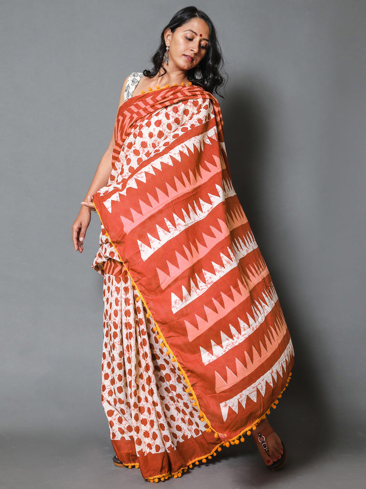 Buta Buti Orange Colour Geometric Printed Pure Cotton Saree