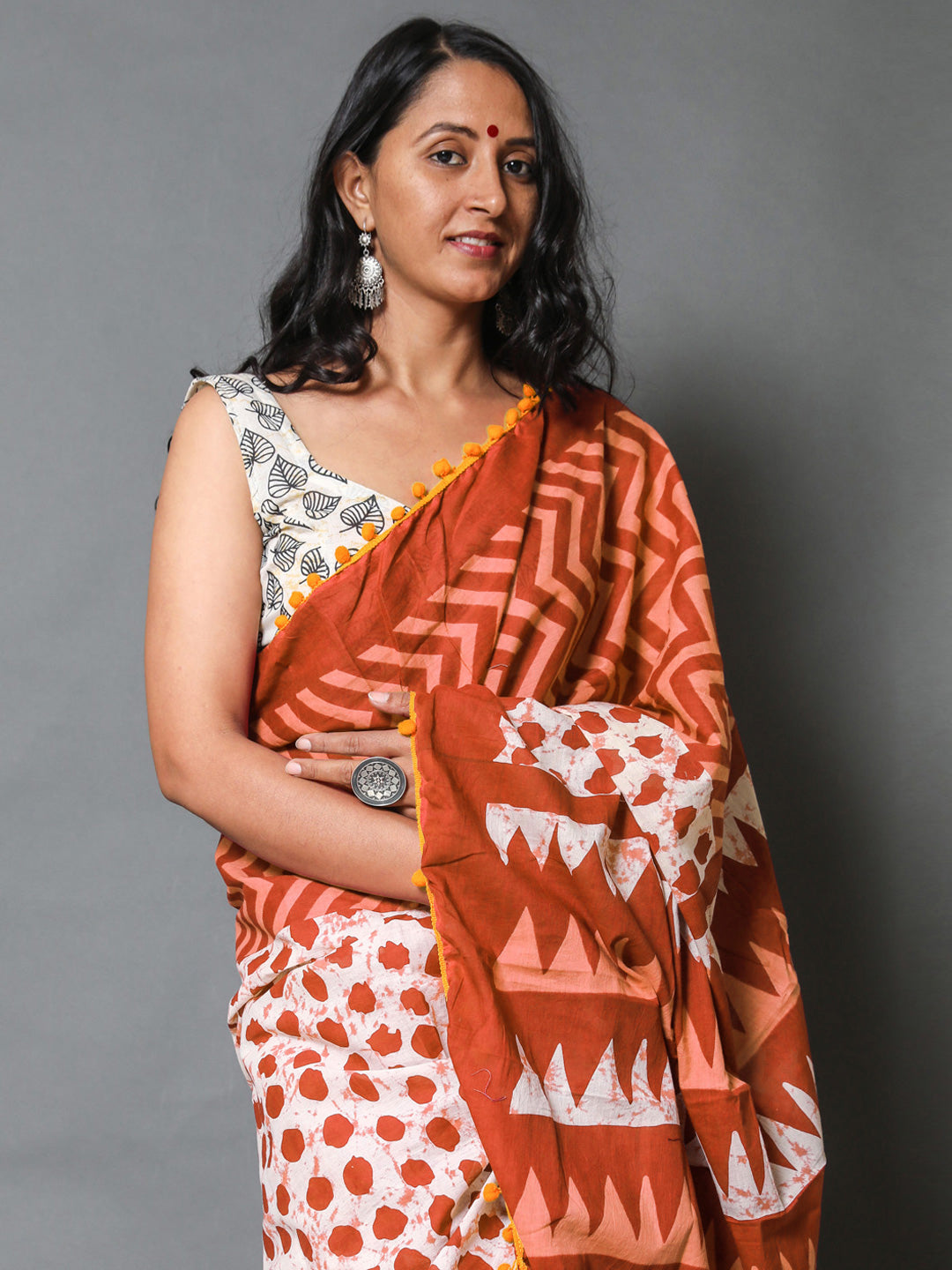 Buta Buti Orange Colour Geometric Printed Pure Cotton Saree