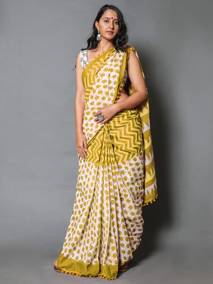 Buta Buti Mustard Colour Geometric Printed Pure Cotton Saree