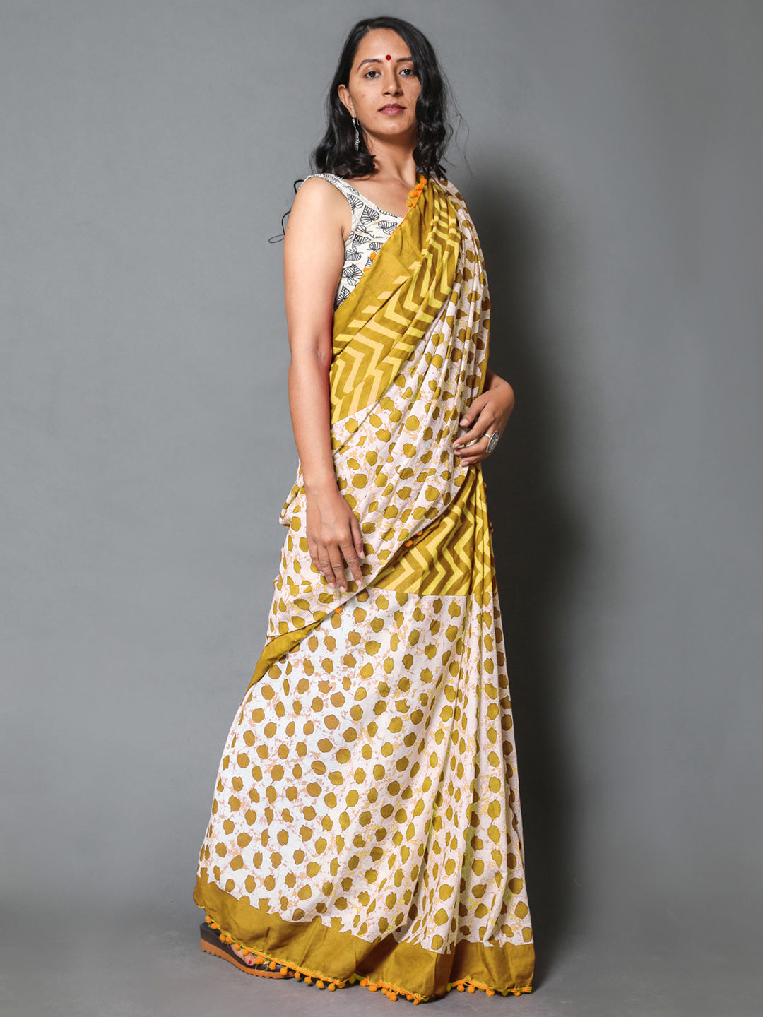 Buta Buti Mustard Colour Geometric Printed Pure Cotton Saree