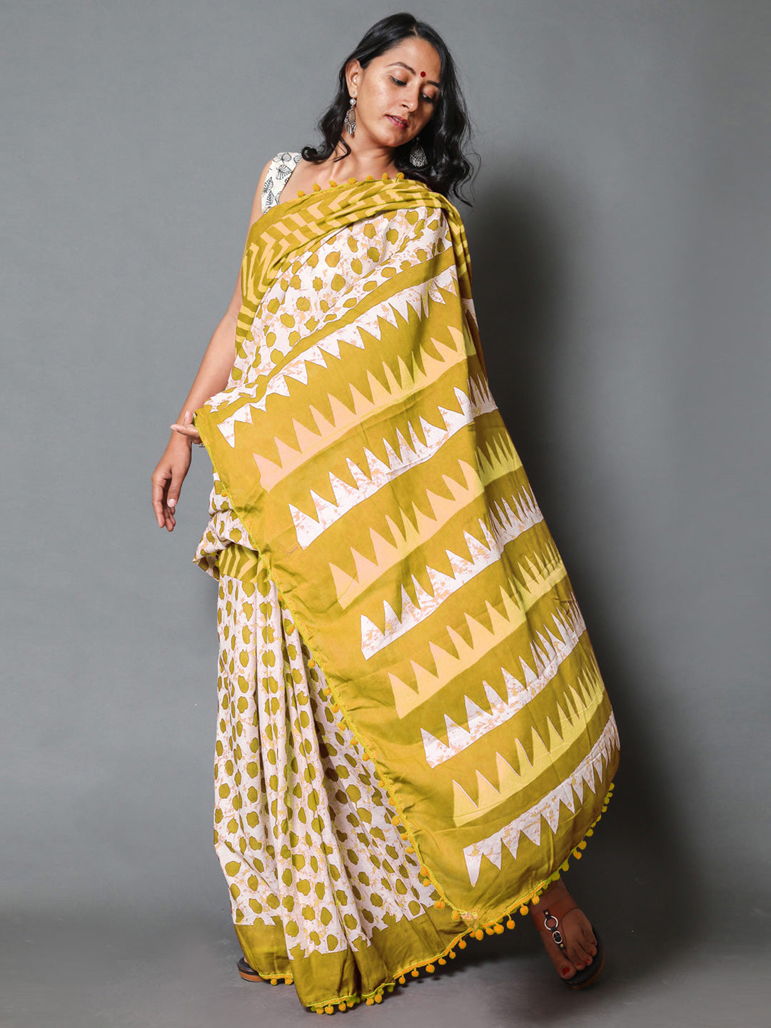 Buta Buti Mustard Colour Geometric Printed Pure Cotton Saree