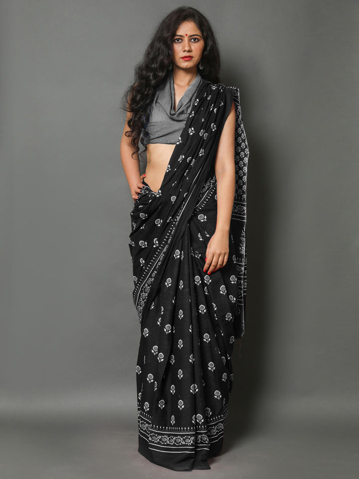 Buta Buti Black Colour Floral Printed Pure Cotton Saree