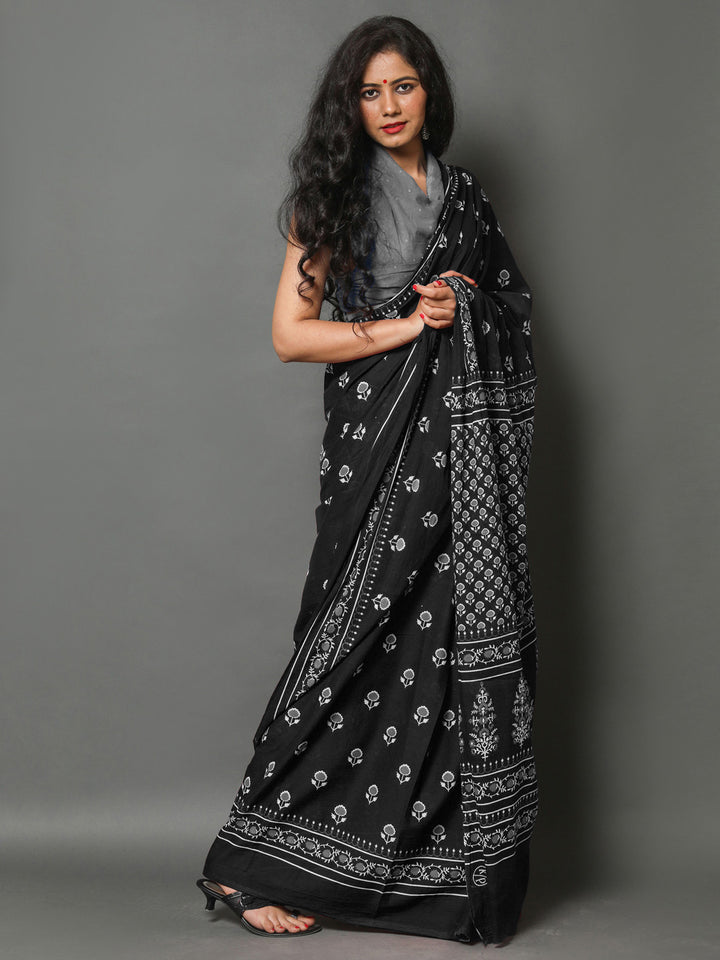 Buta Buti Black Colour Floral Printed Pure Cotton Saree