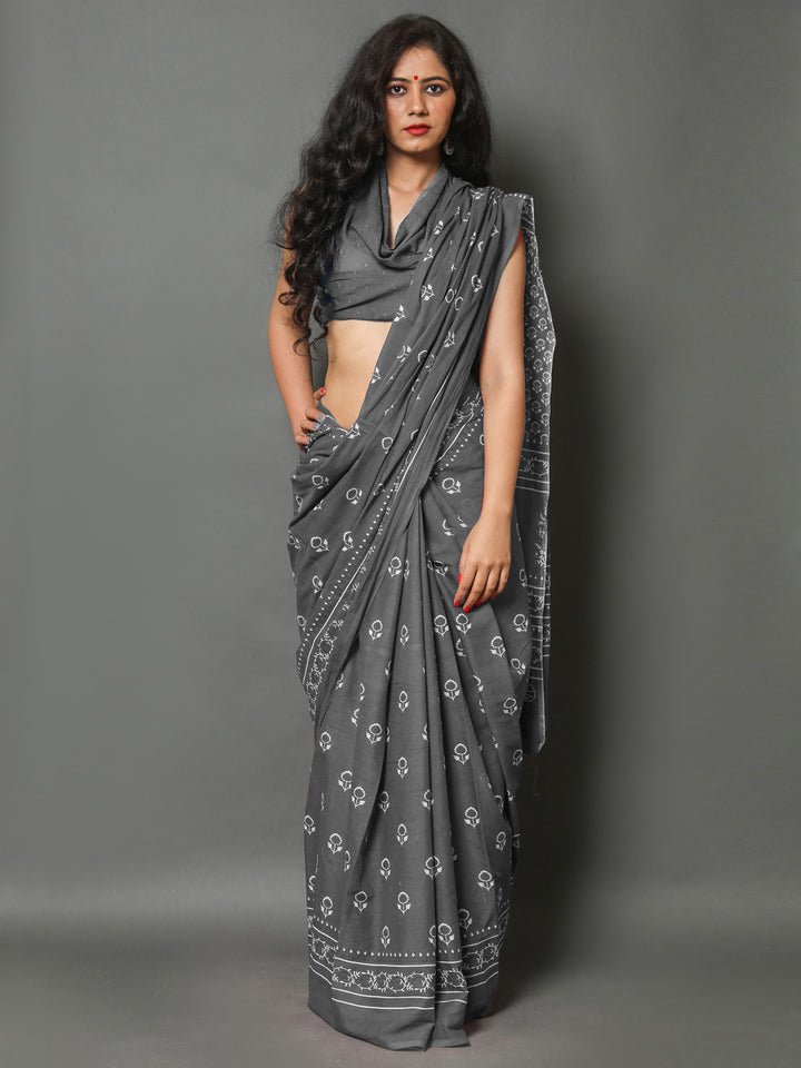 Buta Buti Grey Colour Floral Printed Pure Cotton Saree