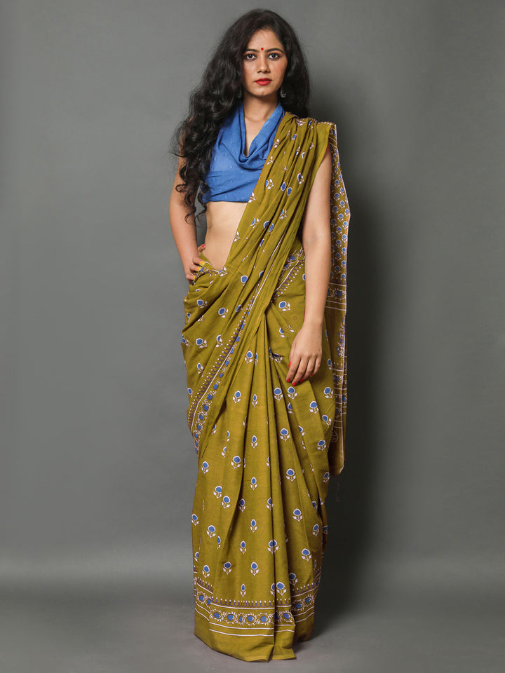 Buta Buti Olive Colour Floral Printed Pure Cotton Saree