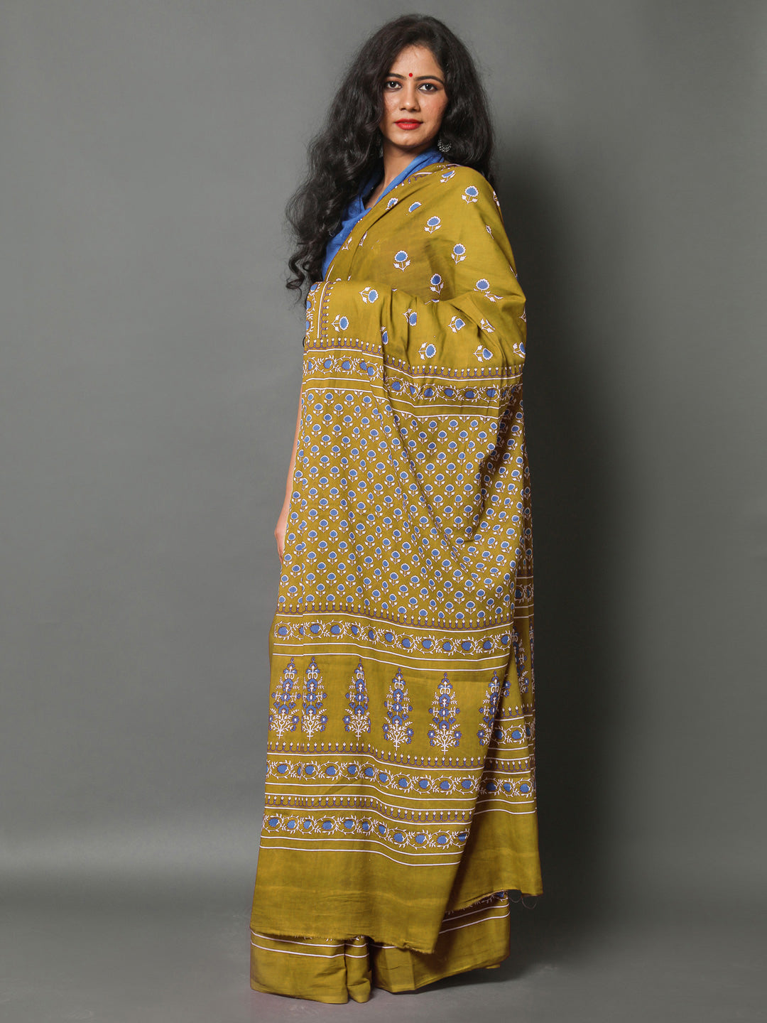 Buta Buti Olive Colour Floral Printed Pure Cotton Saree