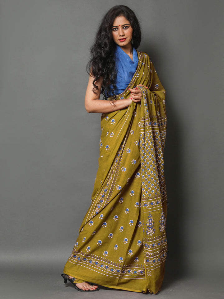 Buta Buti Olive Colour Floral Printed Pure Cotton Saree