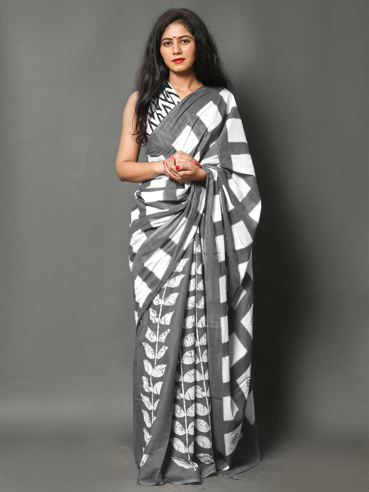 Buta Buti Grey Colour Floral Printed Pure Cotton Saree