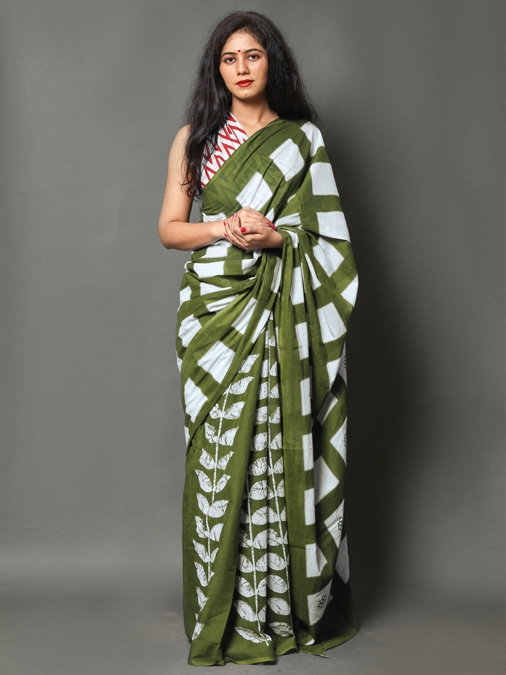 Buta Buti Olive Colour Floral Printed Pure Cotton Saree