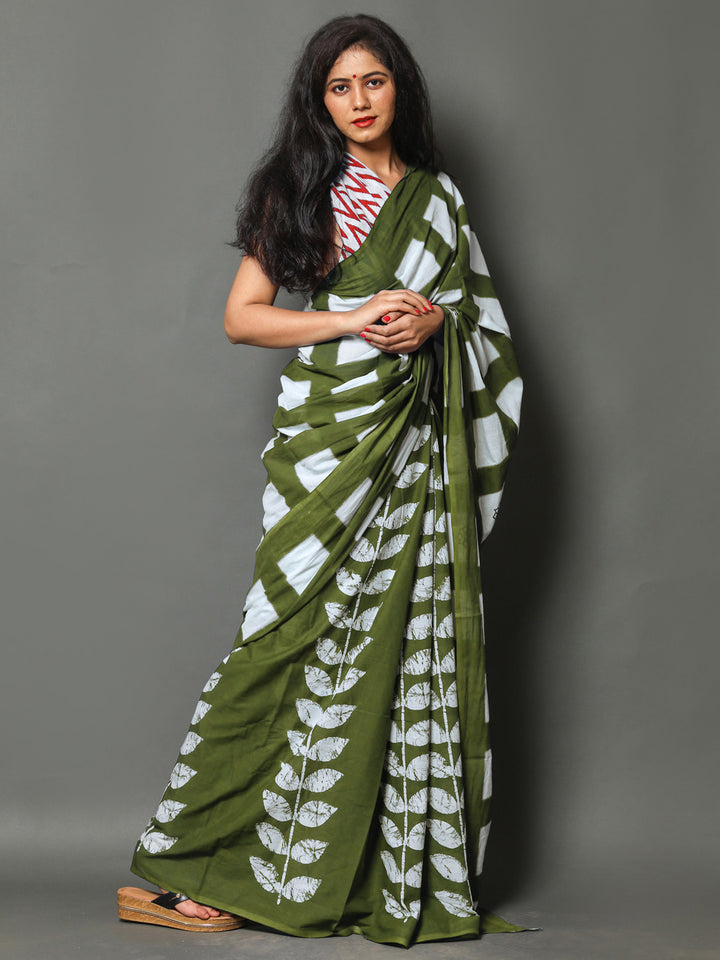 Buta Buti Olive Colour Floral Printed Pure Cotton Saree