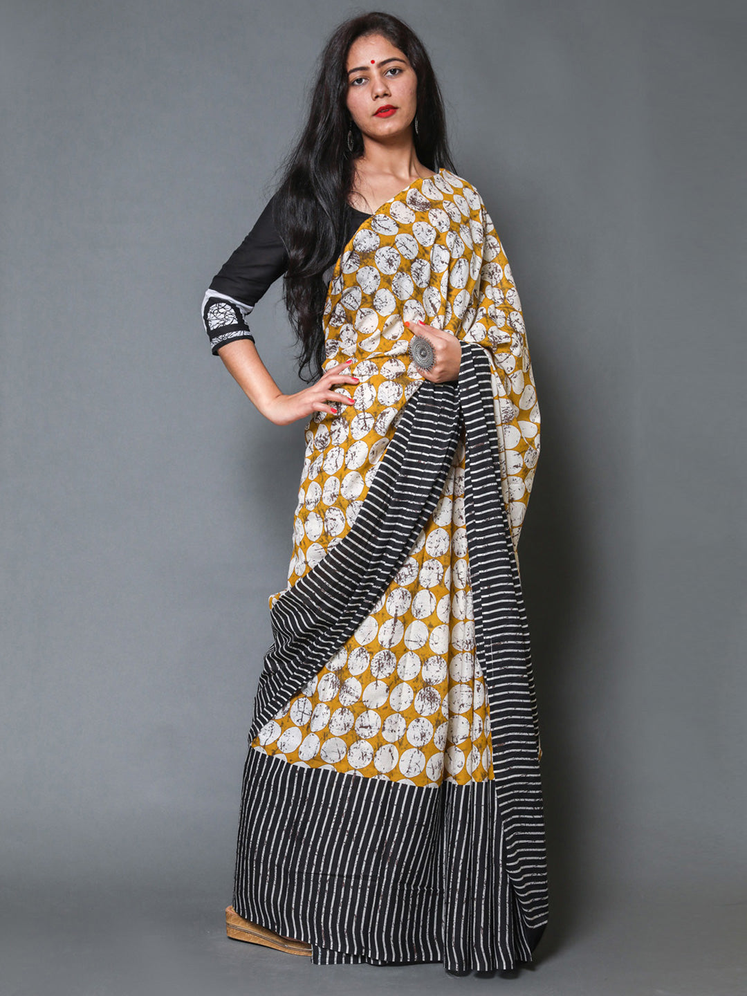 Buta Buti Mustard Colour Geometric Printed Pure Cotton Saree