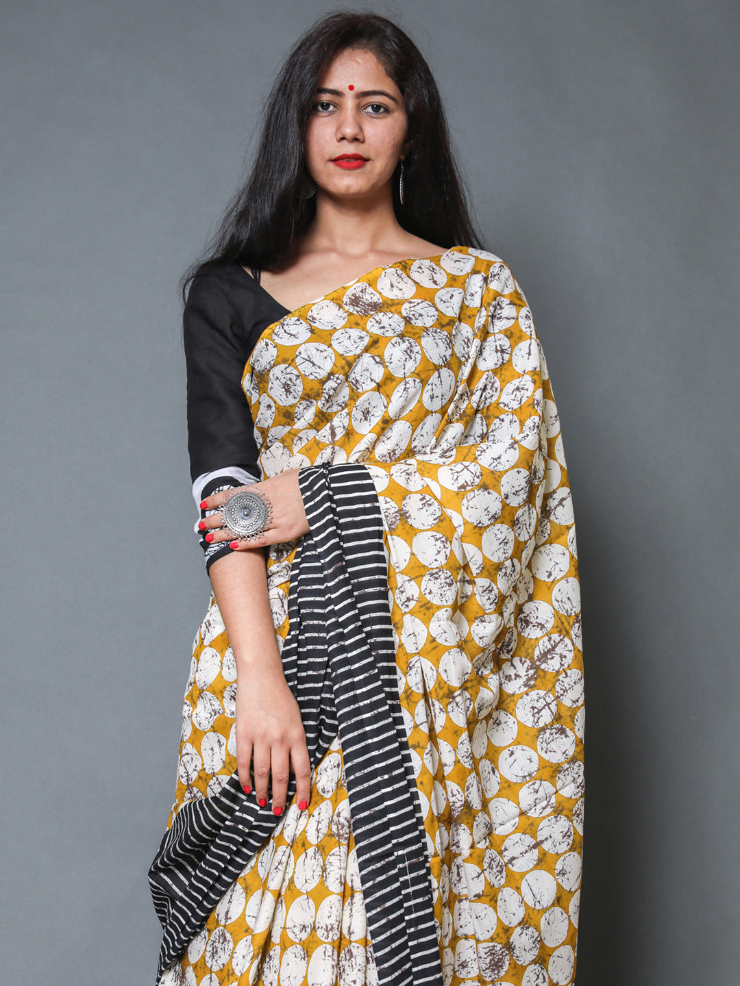 Buta Buti Mustard Colour Geometric Printed Pure Cotton Saree