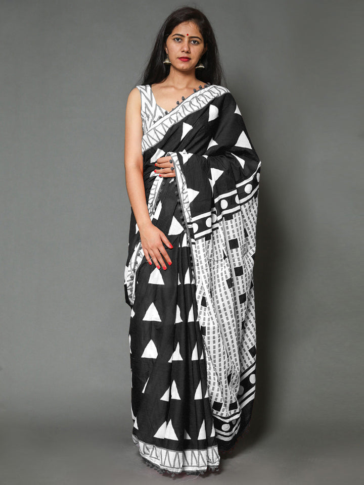 Buta Buti Black Colour Geometric Printed Pure Cotton Saree