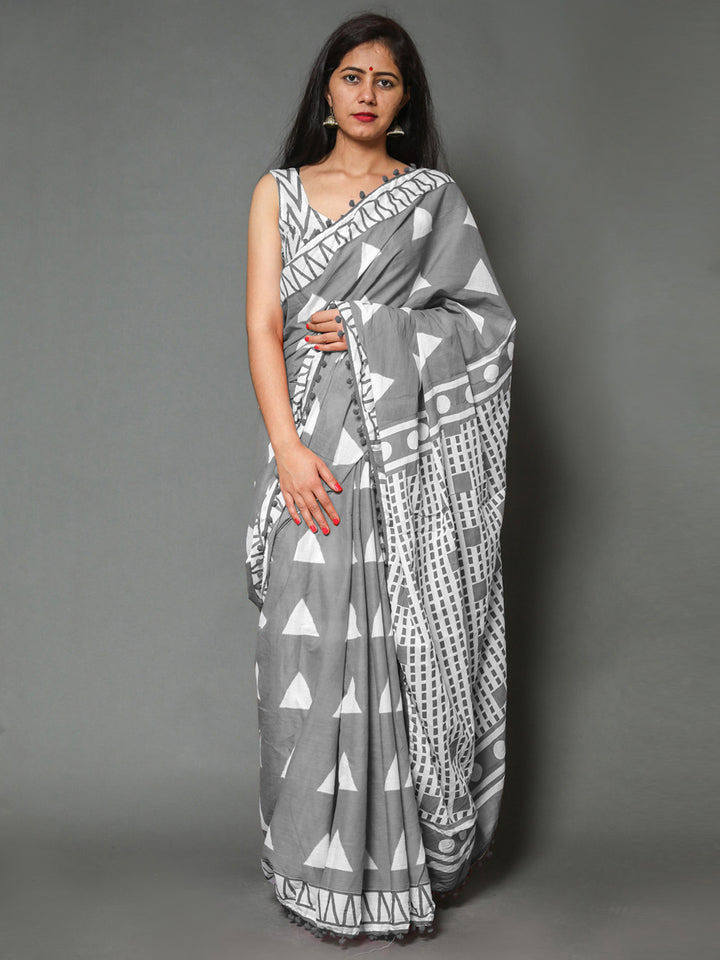 Buta Buti Grey Colour Geometric Printed Pure Cotton Saree