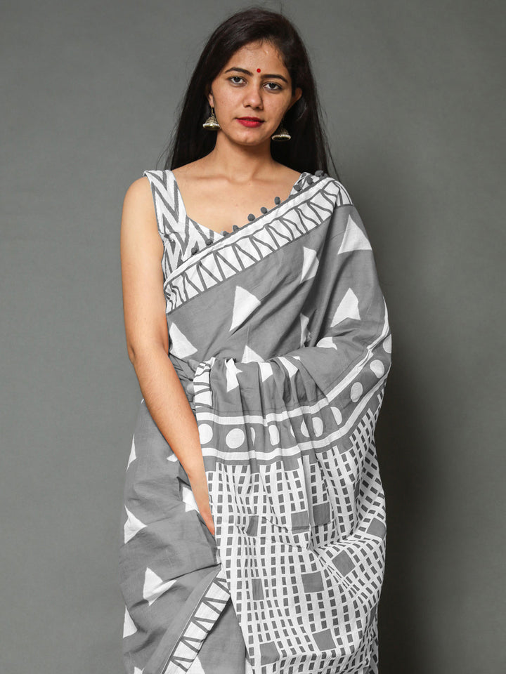 Buta Buti Grey Colour Geometric Printed Pure Cotton Saree