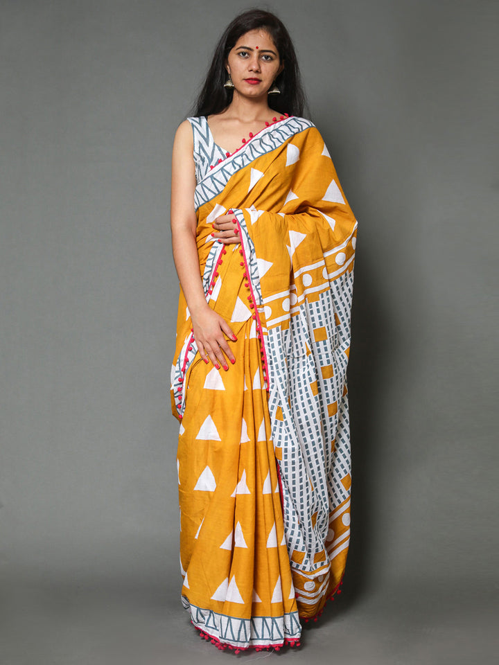 Buta Buti Mustard Colour Geometric Printed Pure Cotton Saree