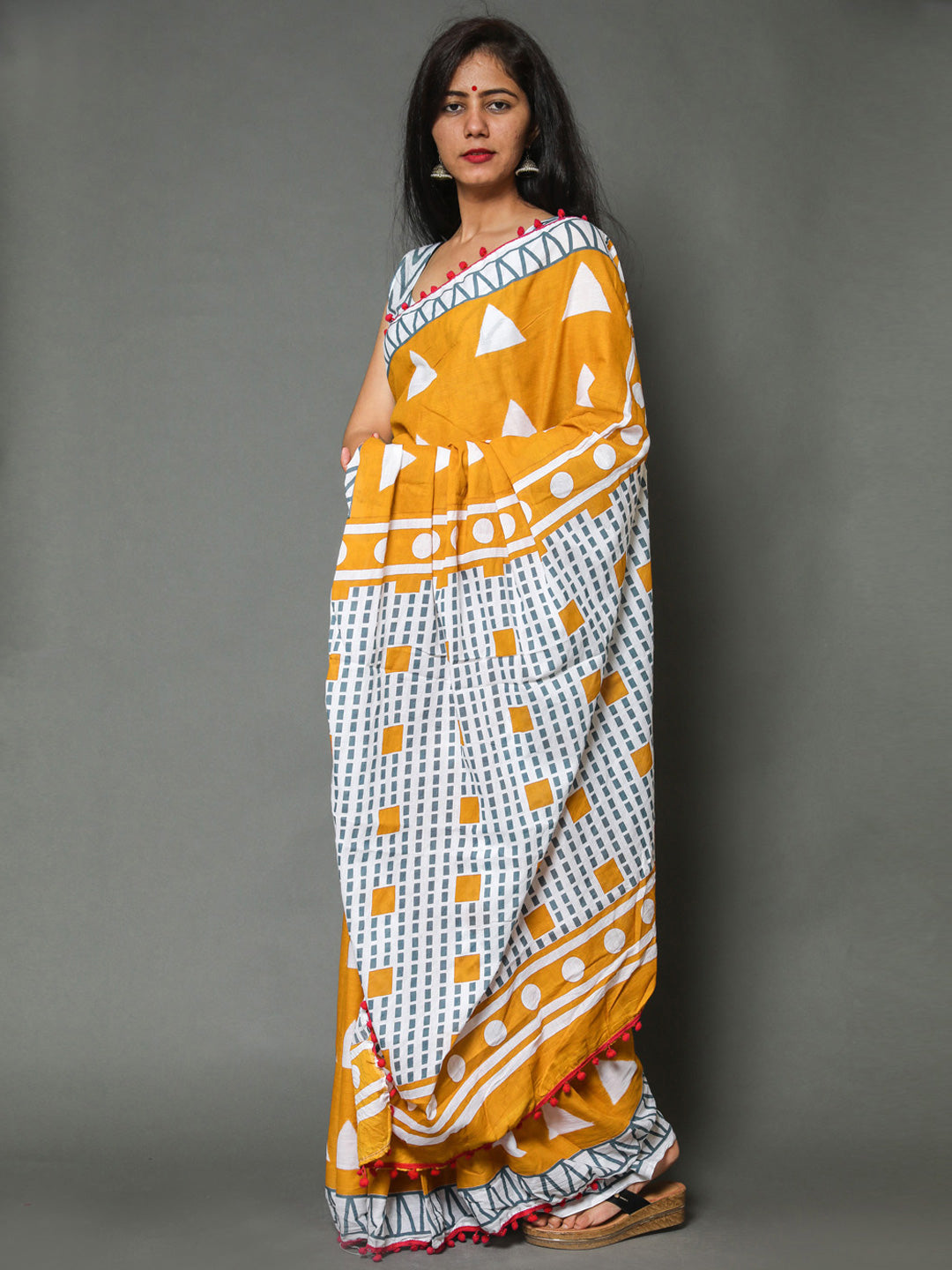 Buta Buti Mustard Colour Geometric Printed Pure Cotton Saree