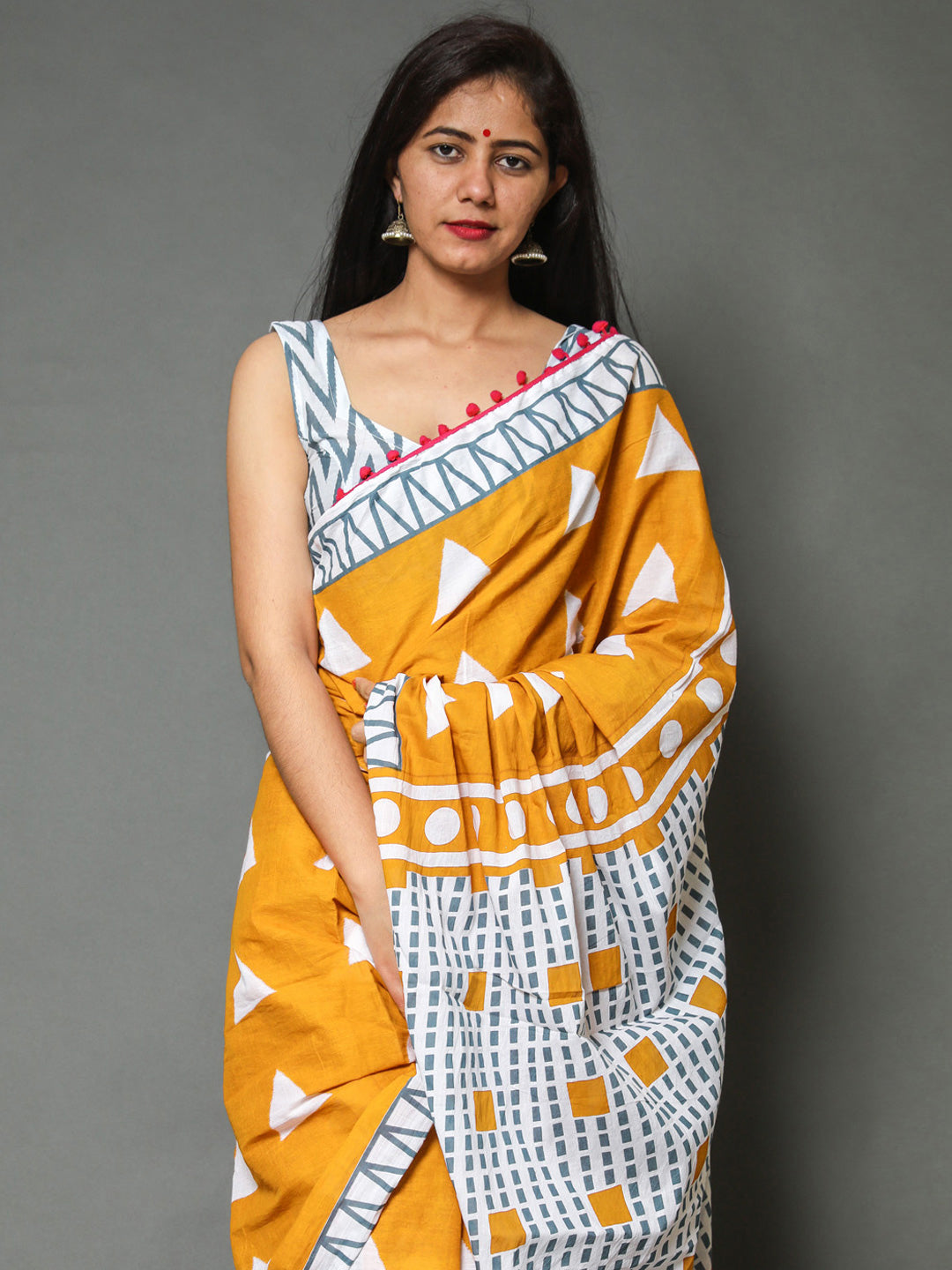 Buta Buti Mustard Colour Geometric Printed Pure Cotton Saree