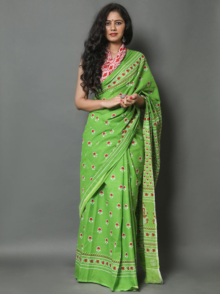 Buta Buti Green & Red Ethnic Motifs Printed Pure Cotton Saree