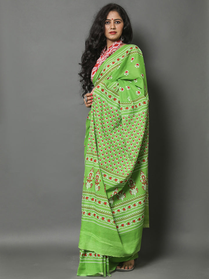 Buta Buti Green & Red Ethnic Motifs Printed Pure Cotton Saree