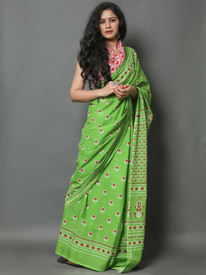 Buta Buti Green & Red Ethnic Motifs Printed Pure Cotton Saree