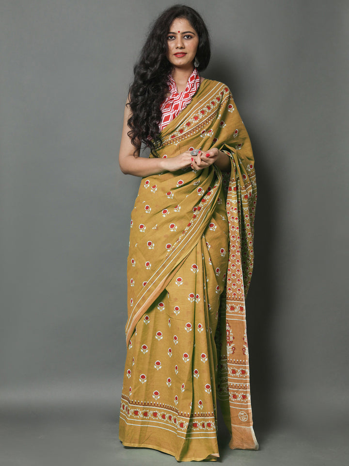 Buta Buti Olive Colour Floral Printed Pure Cotton Saree