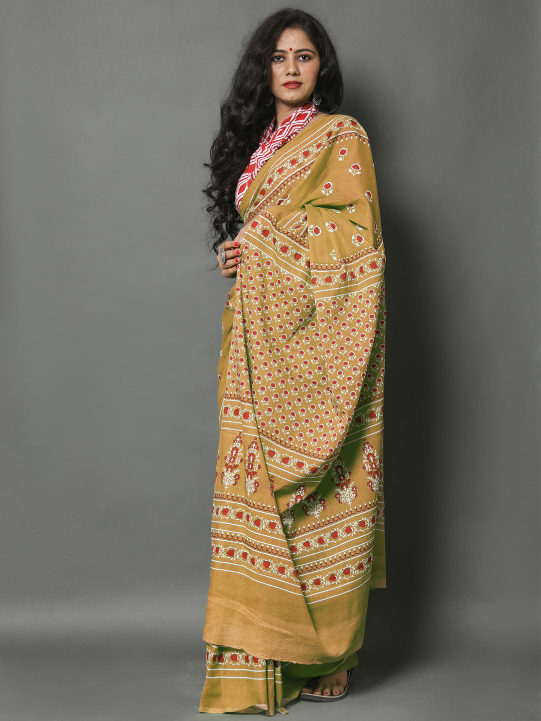 Buta Buti Olive Colour Floral Printed Pure Cotton Saree