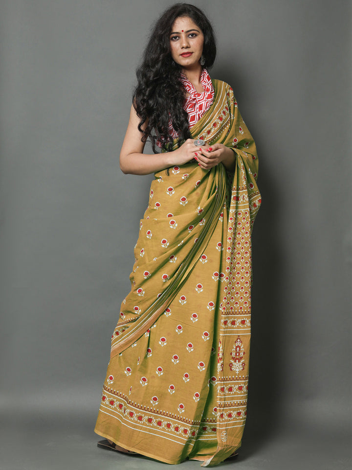 Buta Buti Olive Colour Floral Printed Pure Cotton Saree