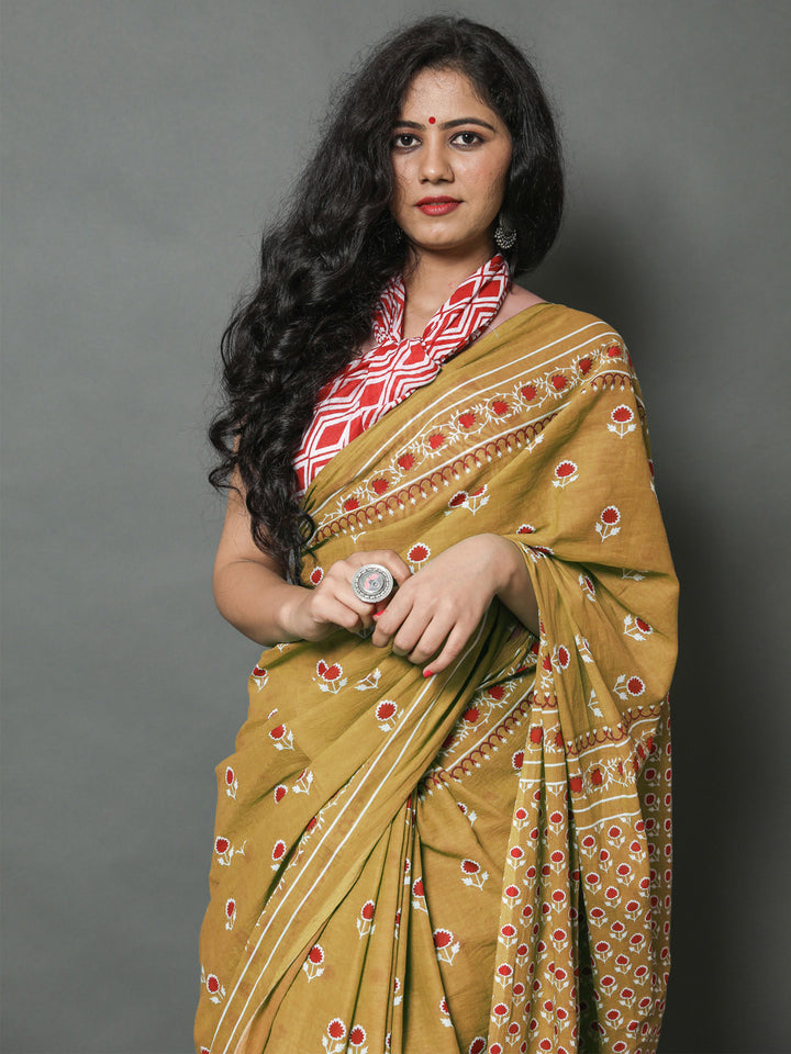 Buta Buti Olive Colour Floral Printed Pure Cotton Saree