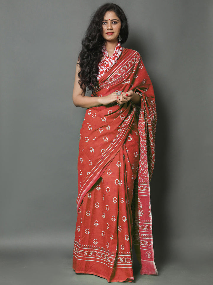 Buta Buti Red Colour Floral Printed Pure Cotton Saree