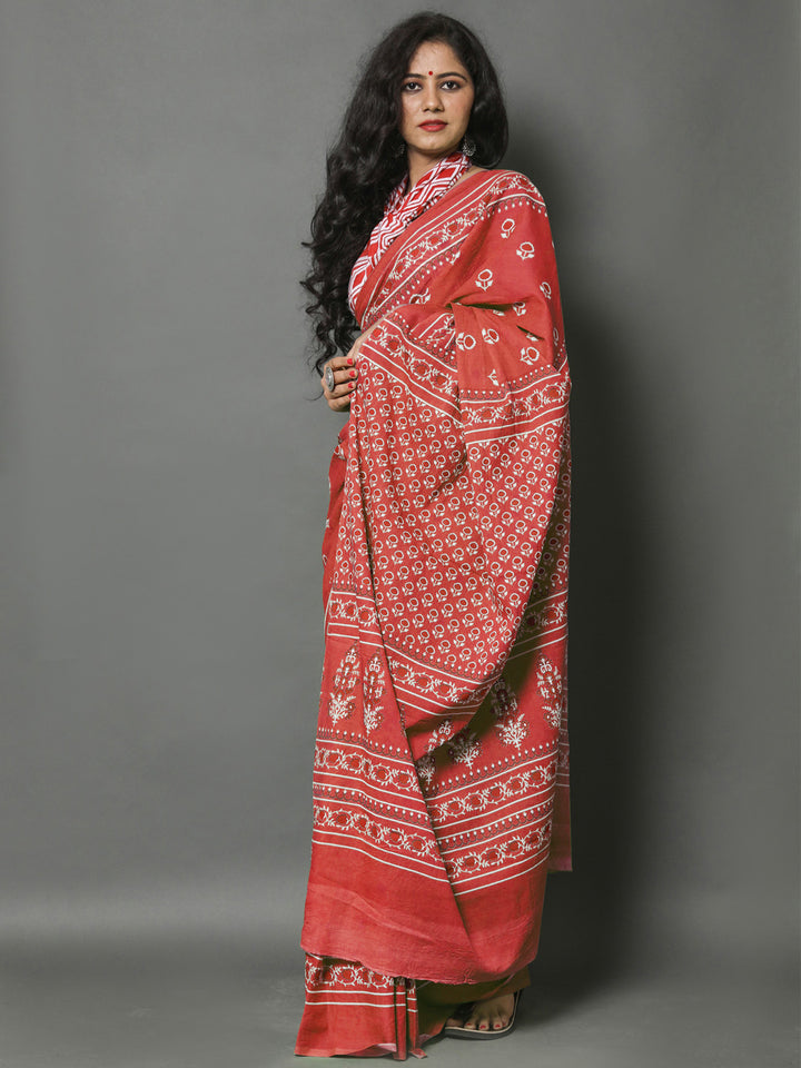 Buta Buti Red Colour Floral Printed Pure Cotton Saree