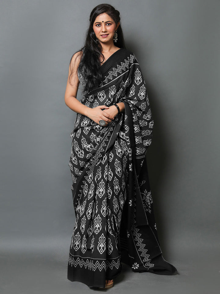 Buta Buti Black Colour Abstract Printed Pure Cotton Saree