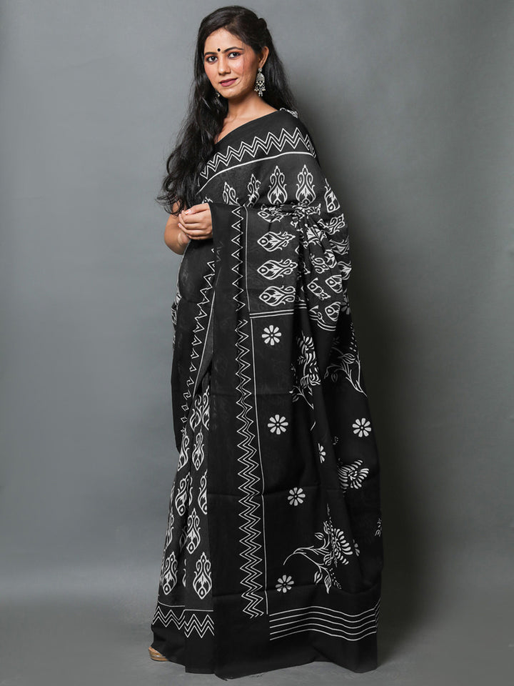 Buta Buti Black Colour Abstract Printed Pure Cotton Saree