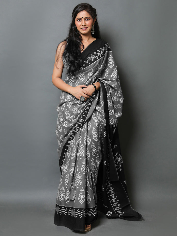 Buta Buti Grey Colour Abstract Printed Pure Cotton Saree