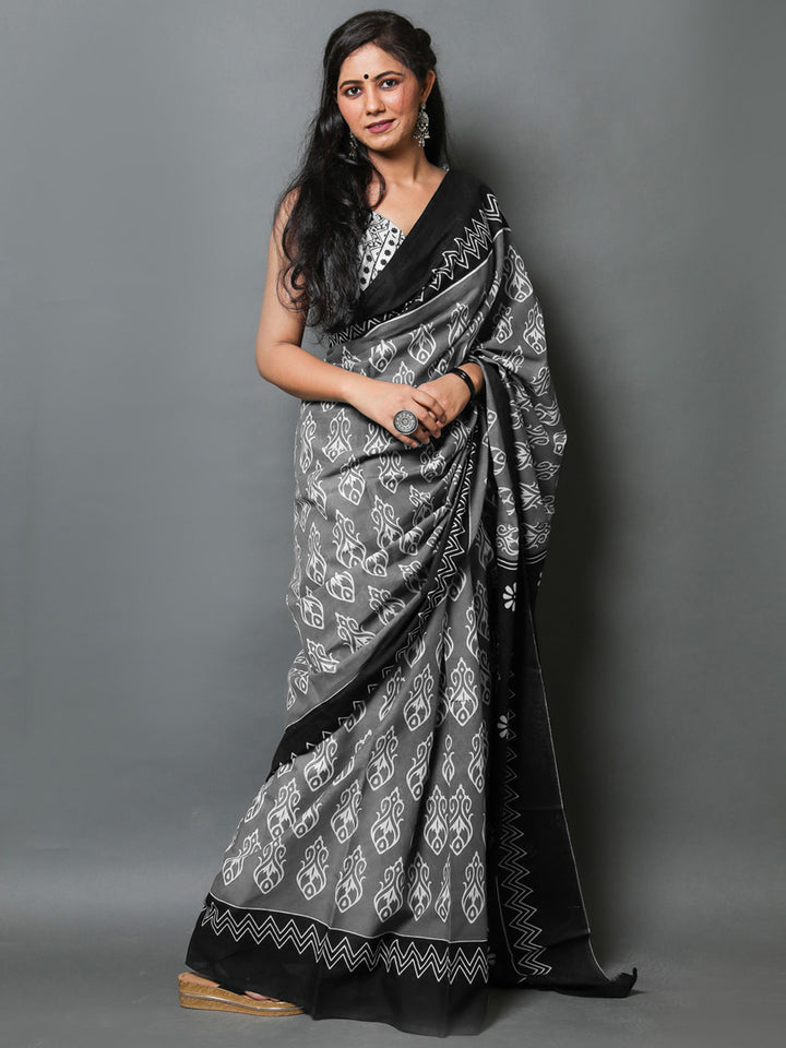 Buta Buti Grey Colour Abstract Printed Pure Cotton Saree