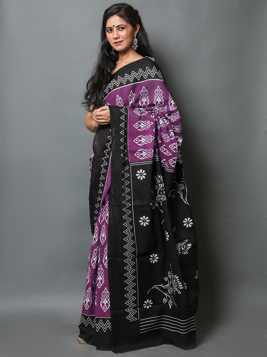 Buta Buti Purple Colour Abstract Printed Pure Cotton Saree